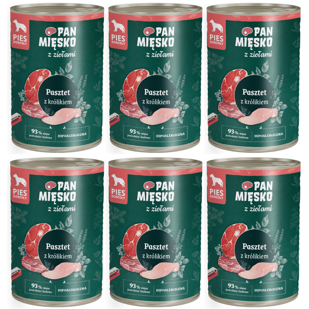 Pakiet Pan Mięsko Mokra Karma Dla Dorosłych Psów Pasztet z Ziołami i Królikiem 6 x 400 g