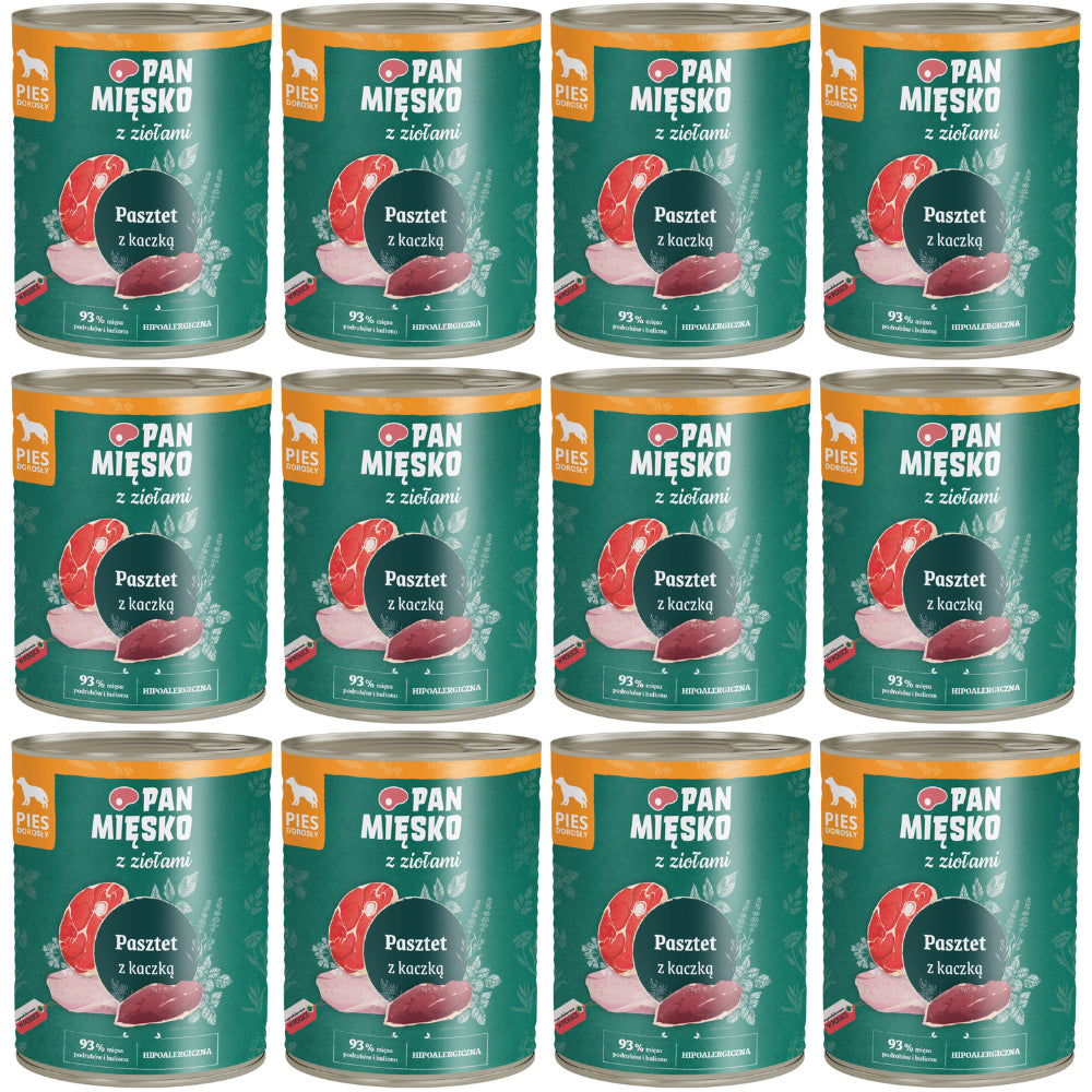 Pakiet Pan Mięsko Mokra Karma Dla Dorosłych Psów Pasztet z Ziołami i Kaczką 12 x 800 g