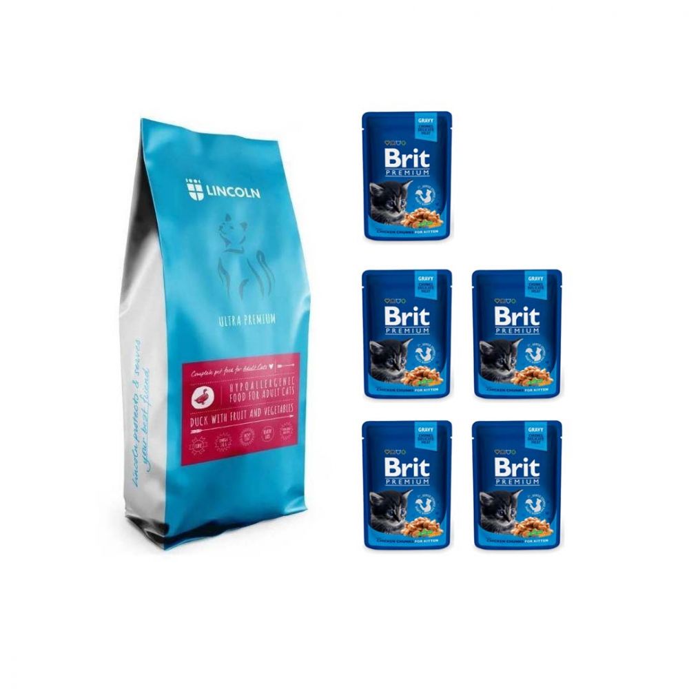 Pakiet Lincoln Kocieta Kaczka z Warzywami + 5 saszetek Brit Kitten Chunks GRATIS!