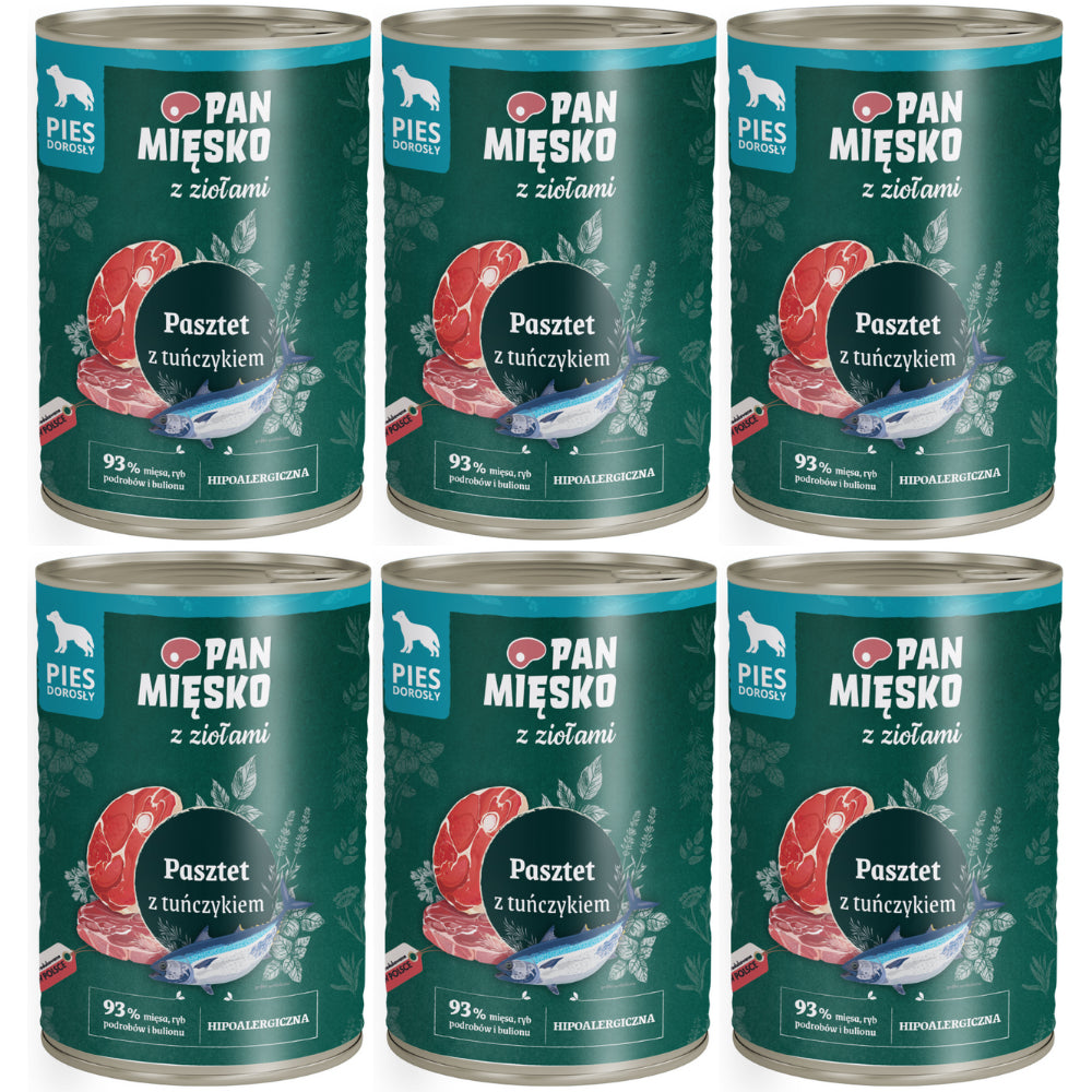 Pakiet Pan Mięsko Mokra Karma Dla Dorosłych Psów Pasztet z Ziołami i Tuńczykiem 6 x 400 g