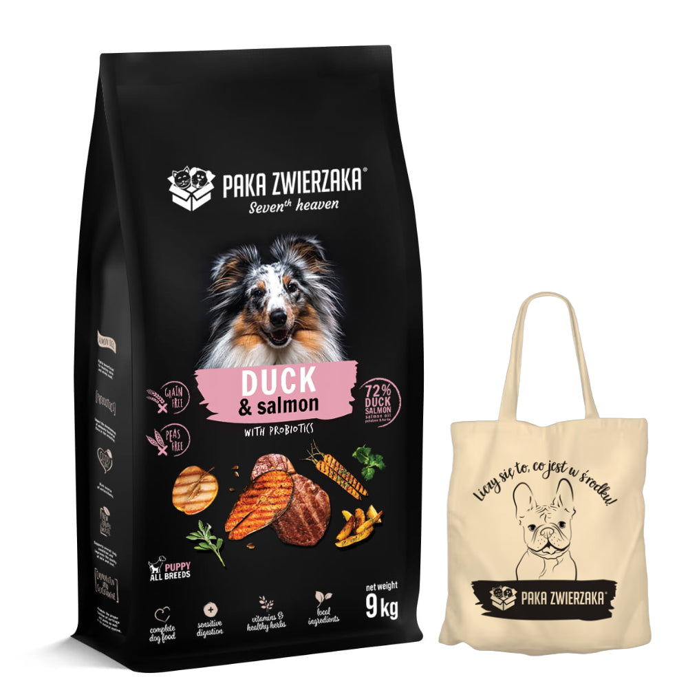 Pakiet Paka Zwierzaka Seventh Heaven Duck&Salmon Sucha Karma Dla Szczeniąt Kaczka Z Łososiem 9 kg + Torba Bawełniana GRATIS!