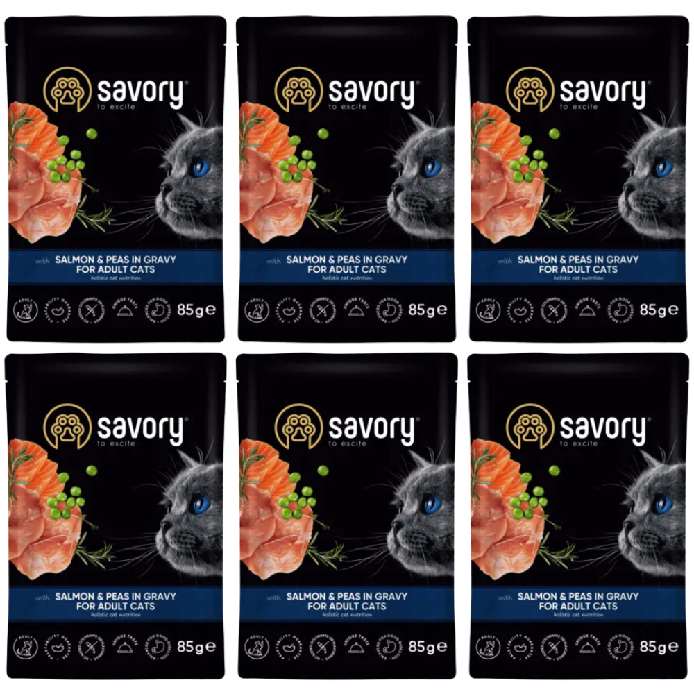 Pakiet Savory Cat Adult Salmon&Peas Gravy Karma Mokra Dla Dorosłych Kotów z Łososiem i Groszkiem w Sosie 6 x 85 g
