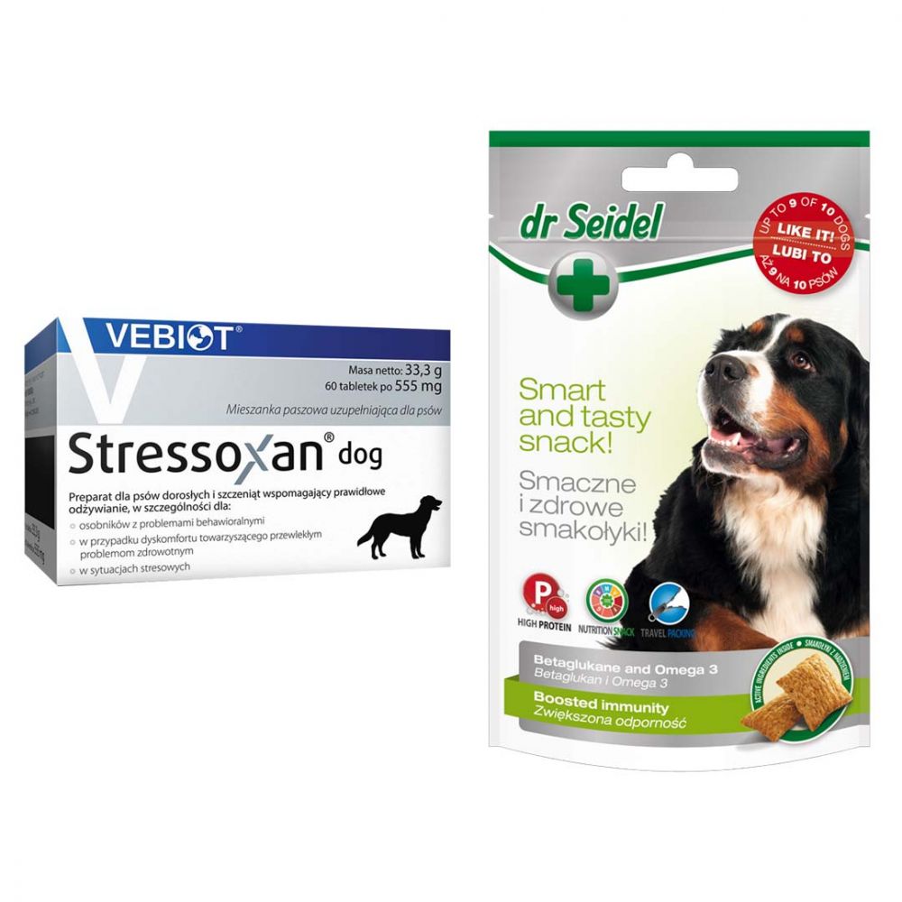 Pakiet Stressoxan Dog Preparat Dla Psów z Problemami Behawioralnymi 60 Tabletek + Dr Seidel Smakołyki Zwiększenie Odporności dla Psa 90 g GRATIS!