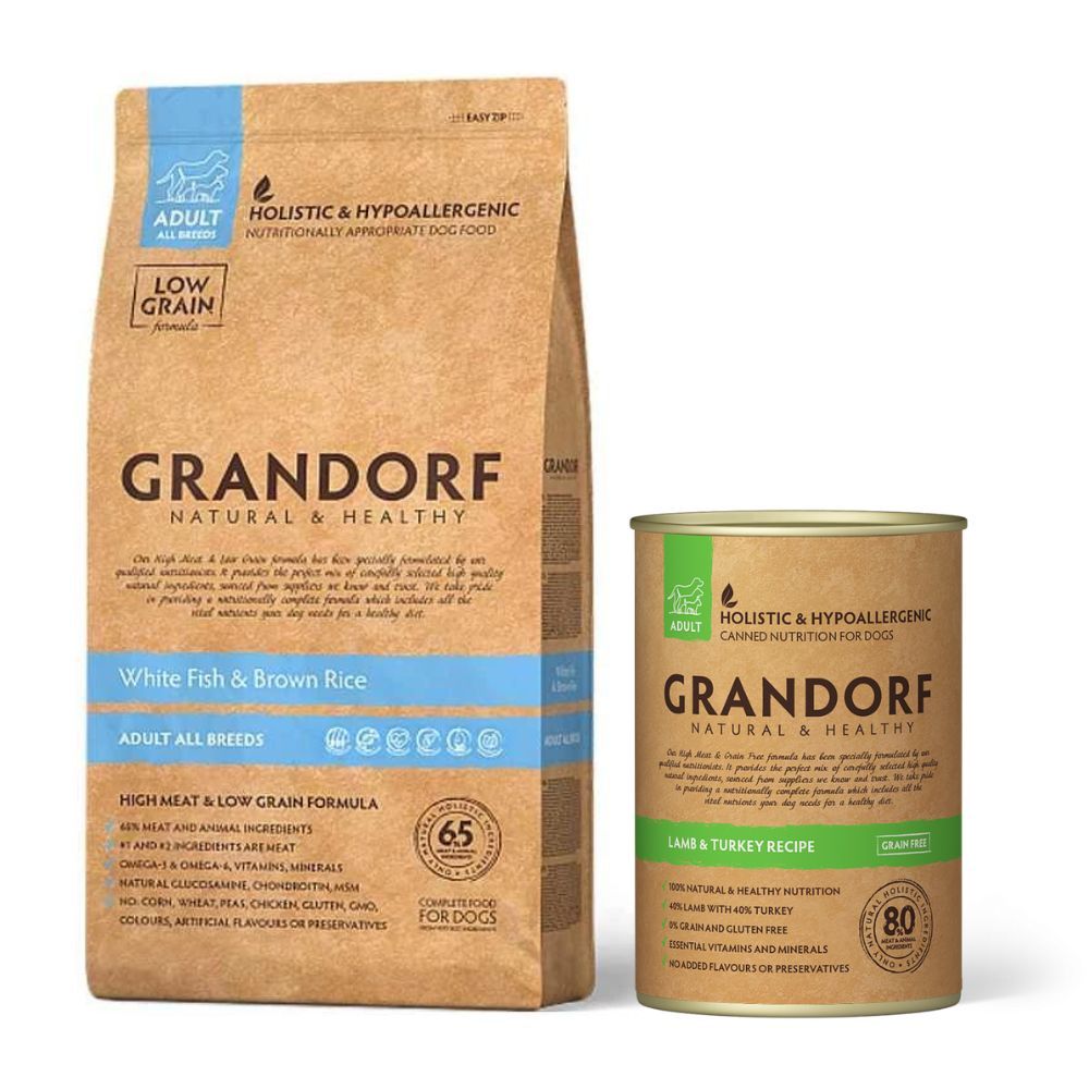 Pakiet Grandorf White Fish & Brown Rice Adult All Breeds Sucha Karma Dla Psów Wszystkich Ras 3 kg + 1 x Grandorf Lamb & Turkey Mokra Karma Dla Psa Jagnięcina, Indyk 400 g GRATIS!