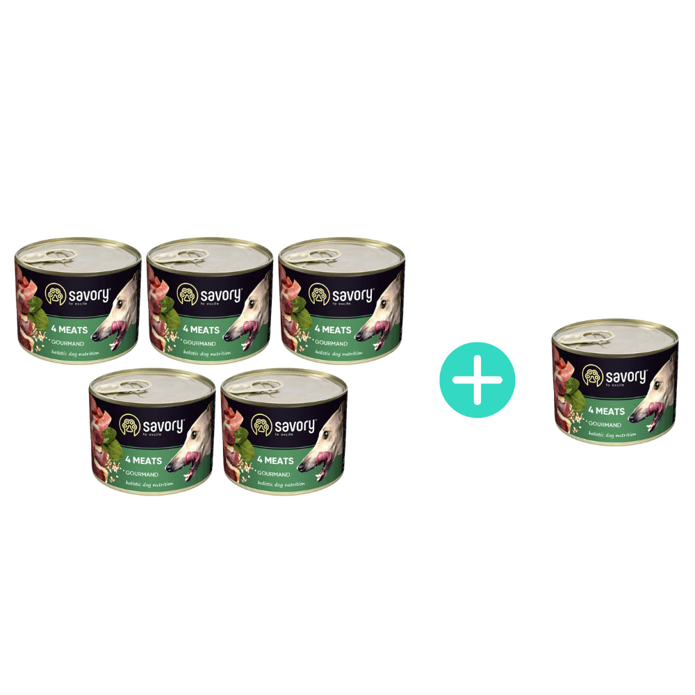 Pakiet Savory Dog Adult 4 Meats Karma Mokra Dla Dorosłych Psów Wszystkich Ras 4 Mięsa 5 x 200 g + 1 Puszka Gratis!