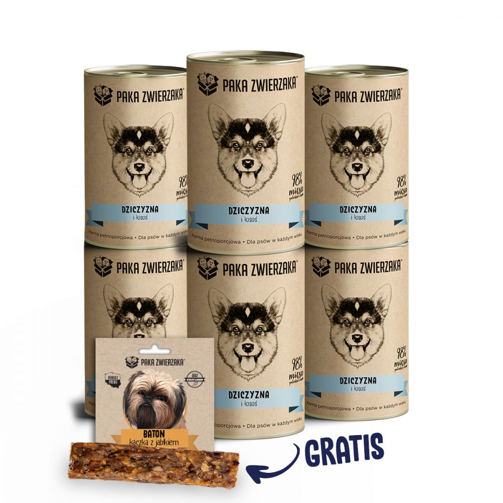 Pakiet Paka Zwierzaka Mokra Karma Dla Psa Dziczyzna i Łosoś 6 x 400 g + Baton Kaczka z Jabłkiem 28 g GRATIS!