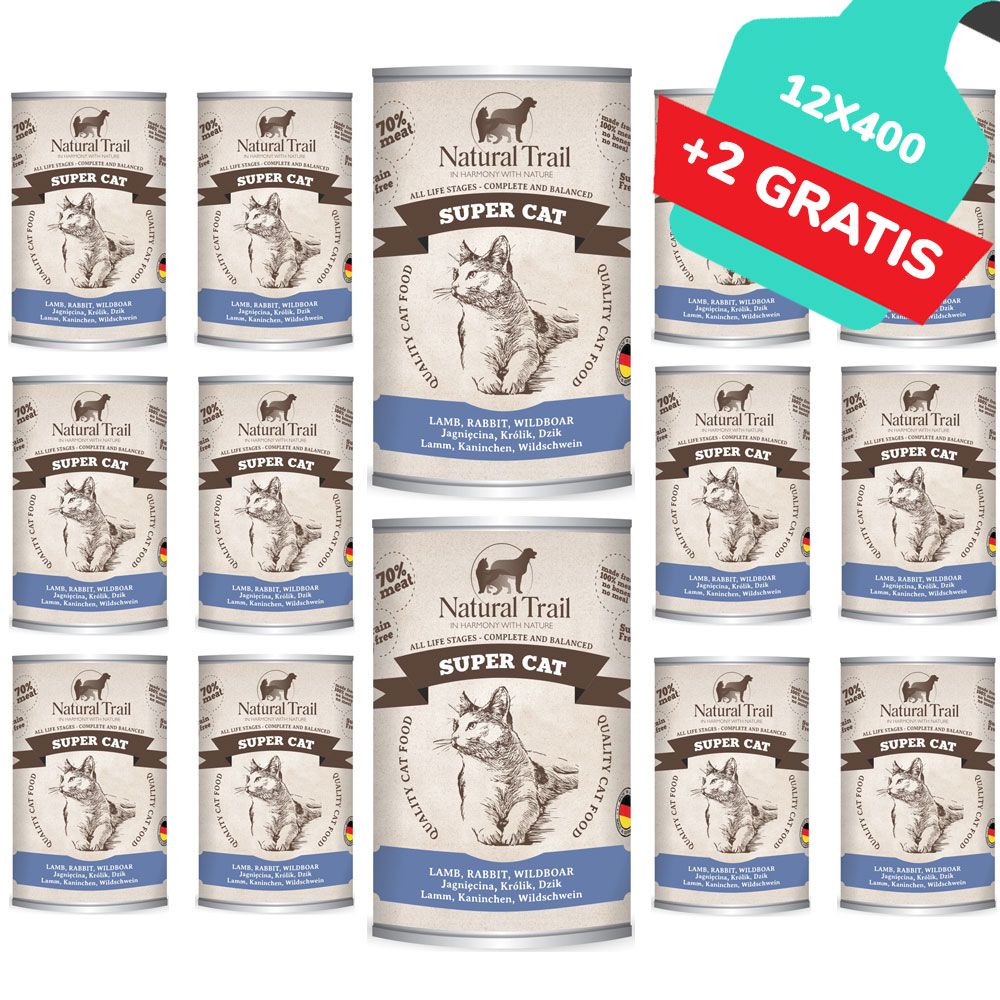 Natural Trail Super Cat Jagnięcina Królik Dzik Bezzbożowa Karma Dla Kota 12 x 400 g + 2 gratis