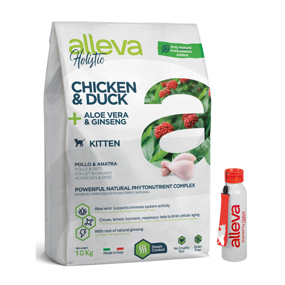Pakiet Alleva Holistic Sucha Karma Dla Kociąt, Kotek w Ciąży i Karmiących Z Kurczakiem I Kaczką Z Dodatkiem Aloesu I Korzenia Żeń-szenia 10 kg + Bidon GRATIS!