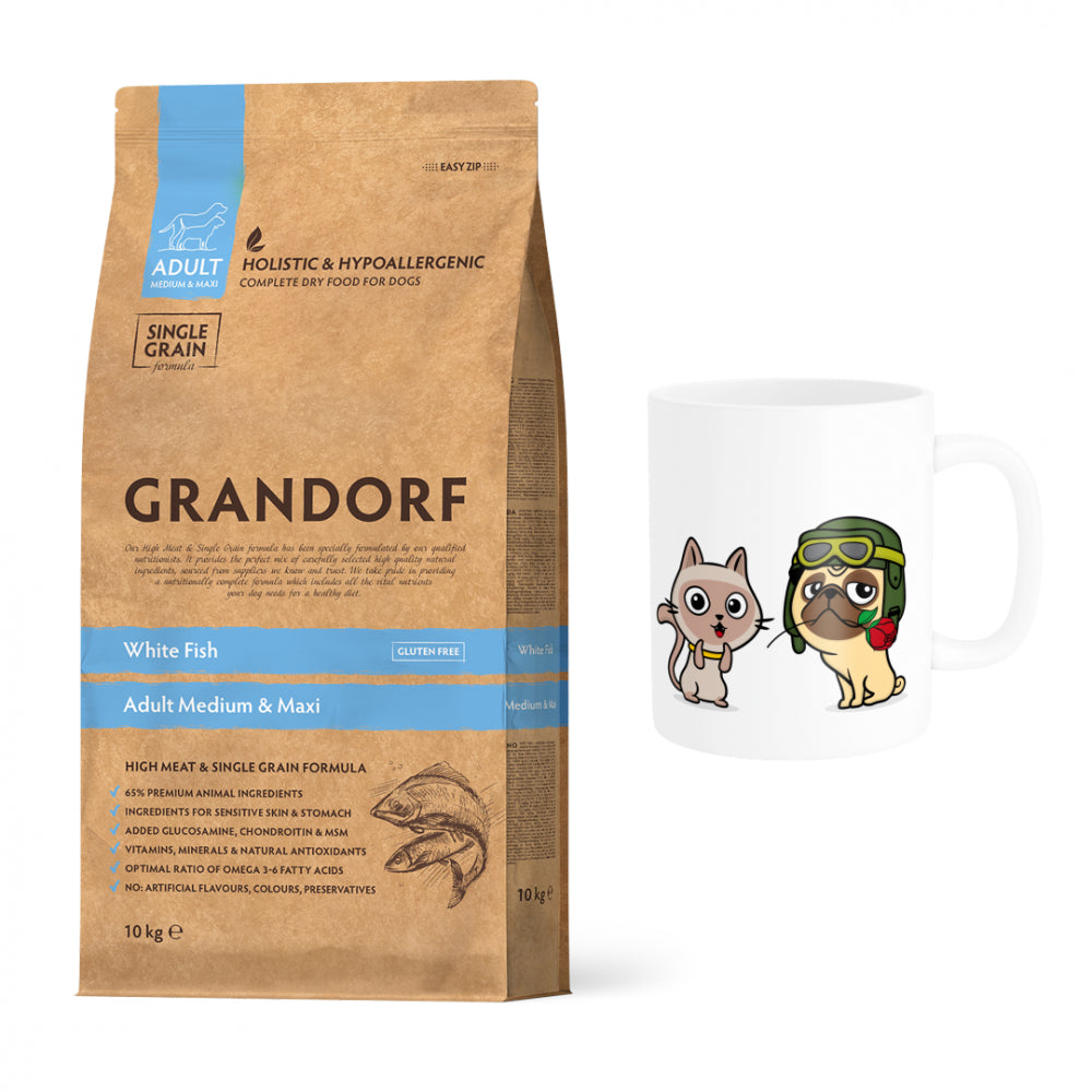 Pakiet Grandorf White Fish Adult Medium & Maxi Breeds Sucha Karma Dla Dorosłych Psów Średnich i Dużych Ras 10 kg + Kubek z Twoim Pupilem GRATIS!
