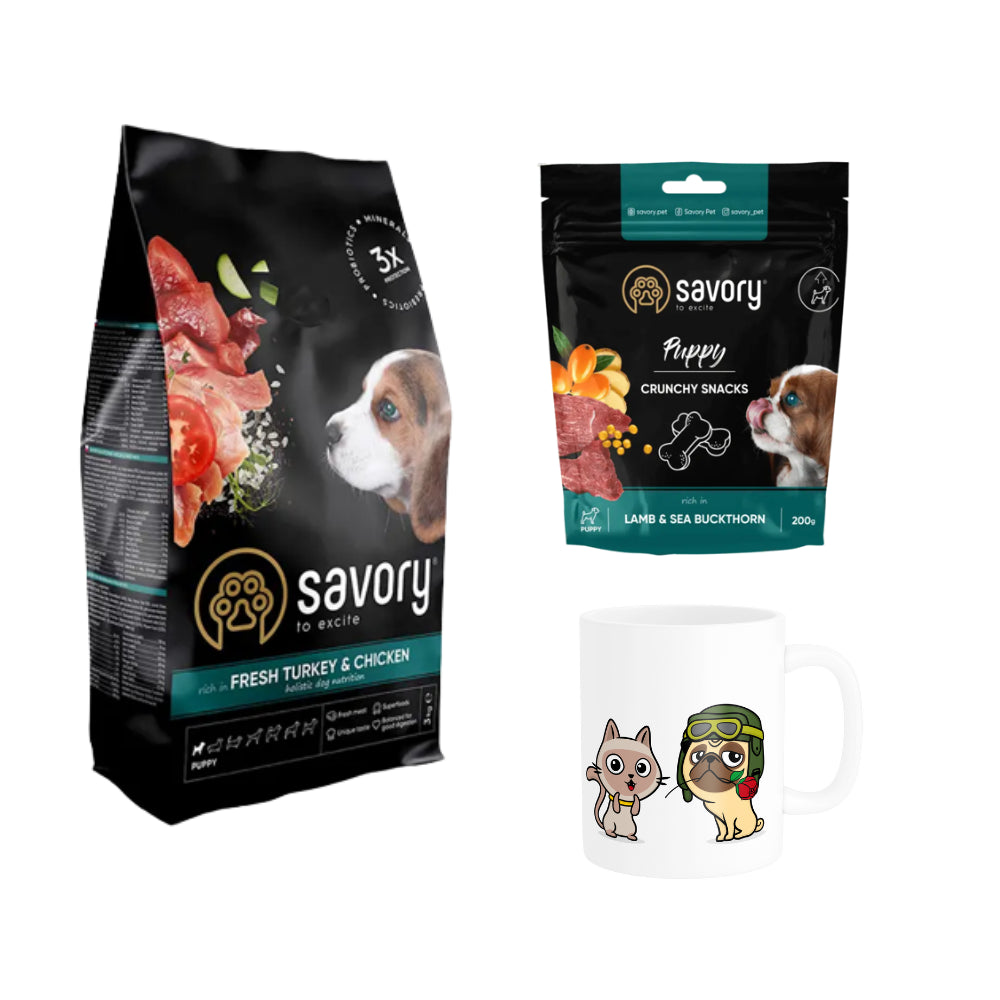 Pakiet Savory Dog Puppy Chicken&Turkey 3 kg + Przysmaki 200 g i Kubek Gratis!