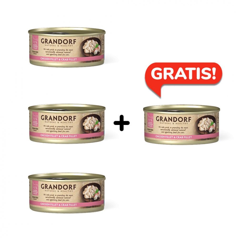 Pakiet Grandorf Chicken Breast & Crab Fillet Karma Dla Kota Filet z Piersi Kurczaka i Kraba 3 x 70 g + 1 Puszka GRATIS!