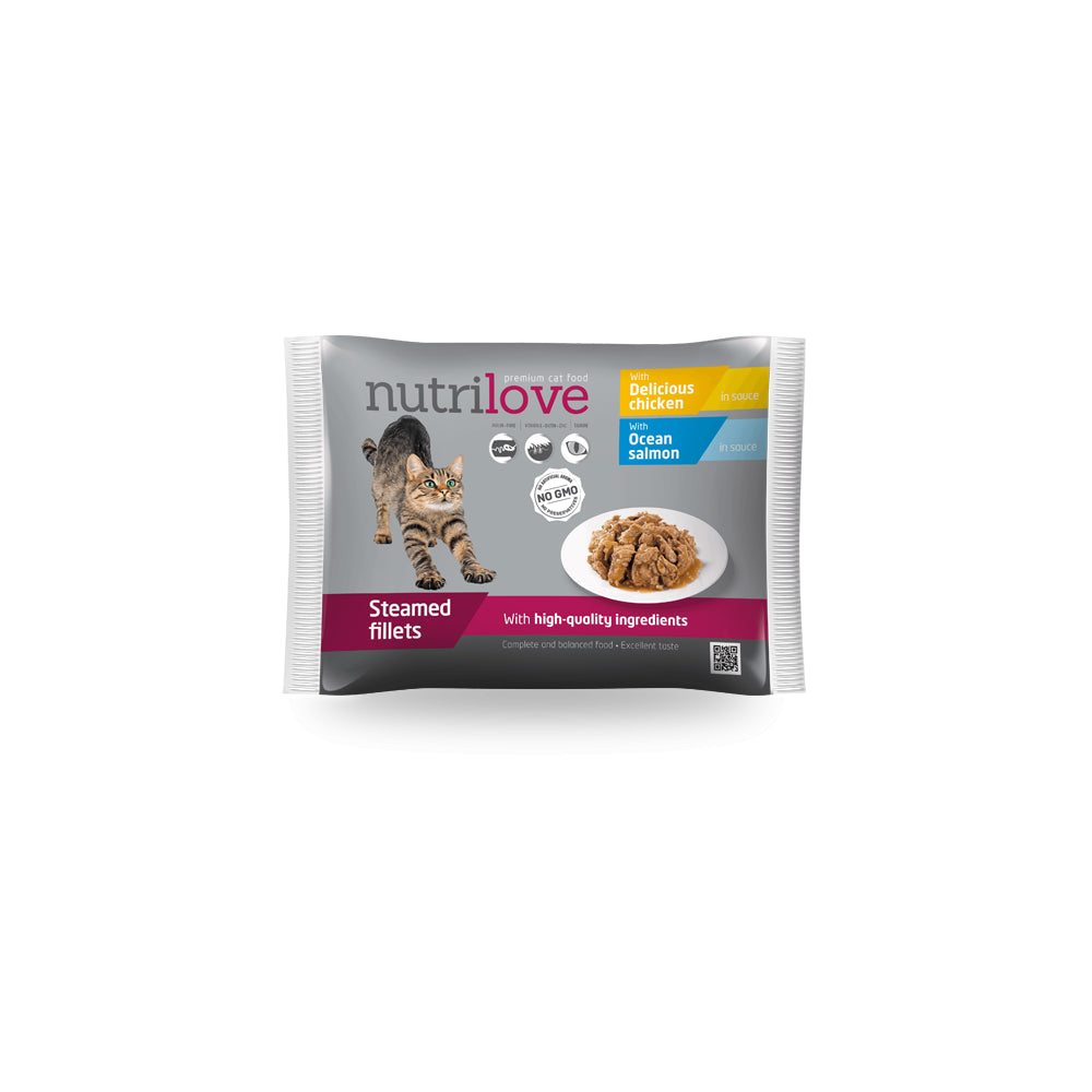 Nutrilove Mięsne Kawałki Z Kurczaka W Sosie Dla Kota 2 x 85 g +  Nutrilove Mięsne Kawałki Z Łososia W Sosie Dla Kota 2 x 85 g