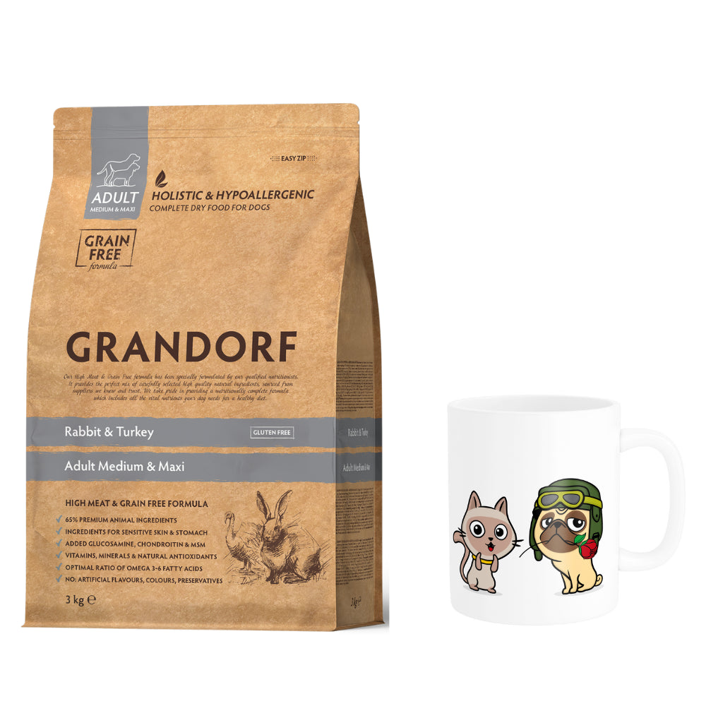 Pakiet Grandorf Rabbit & Turkey Adult Medium Maxi Karma Dla Psów Dorosłych Średnich i Dużych Ras 3 kg + Kubek z Twoim Pupilem GRATIS!