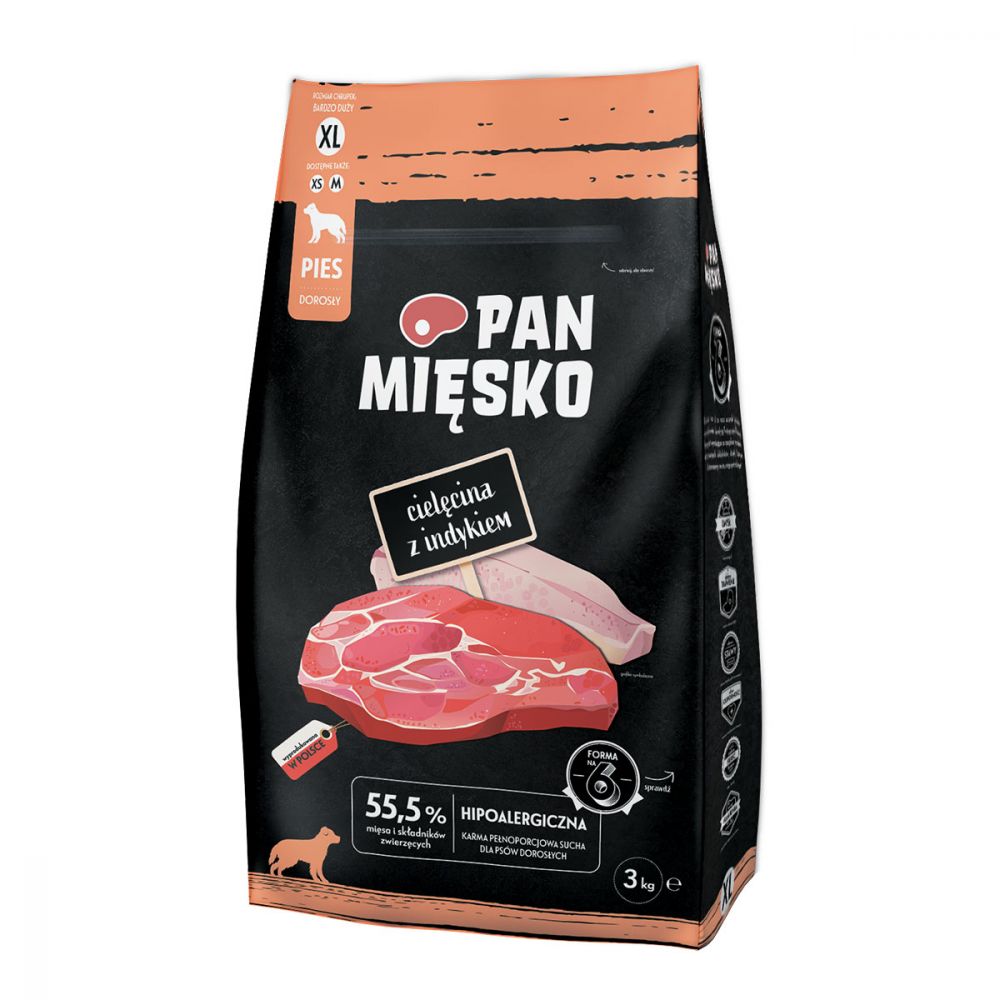 Pan Mięsko Karma Sucha Dla Dorosłych Psów Cielęcina z Indykiem Rozmiar XL 3 kg