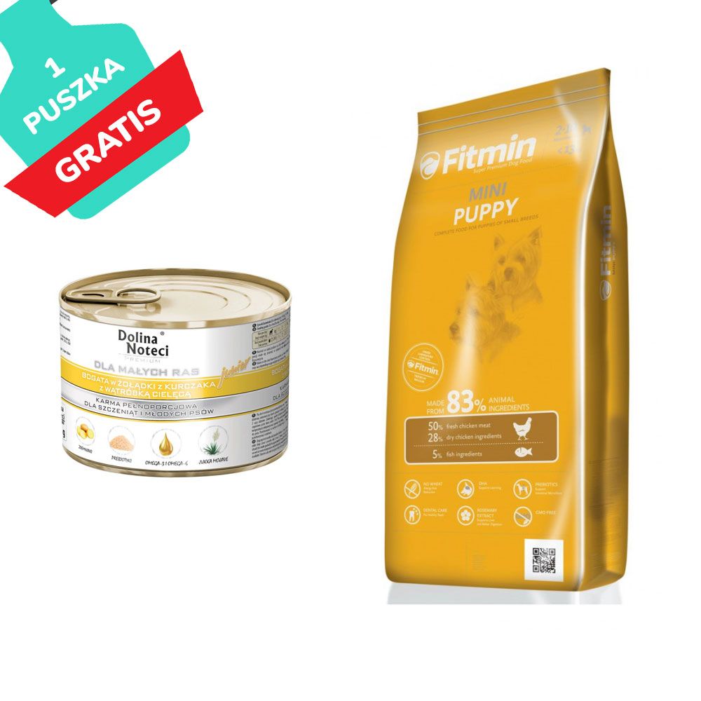 Pakiet Fitmin Mini Puppy 15 kg + Dolina Noteci Premium Junior Małe Rasy Żołądki z Kurczaka i Wątróbka Cielęca 185 g GRATIS