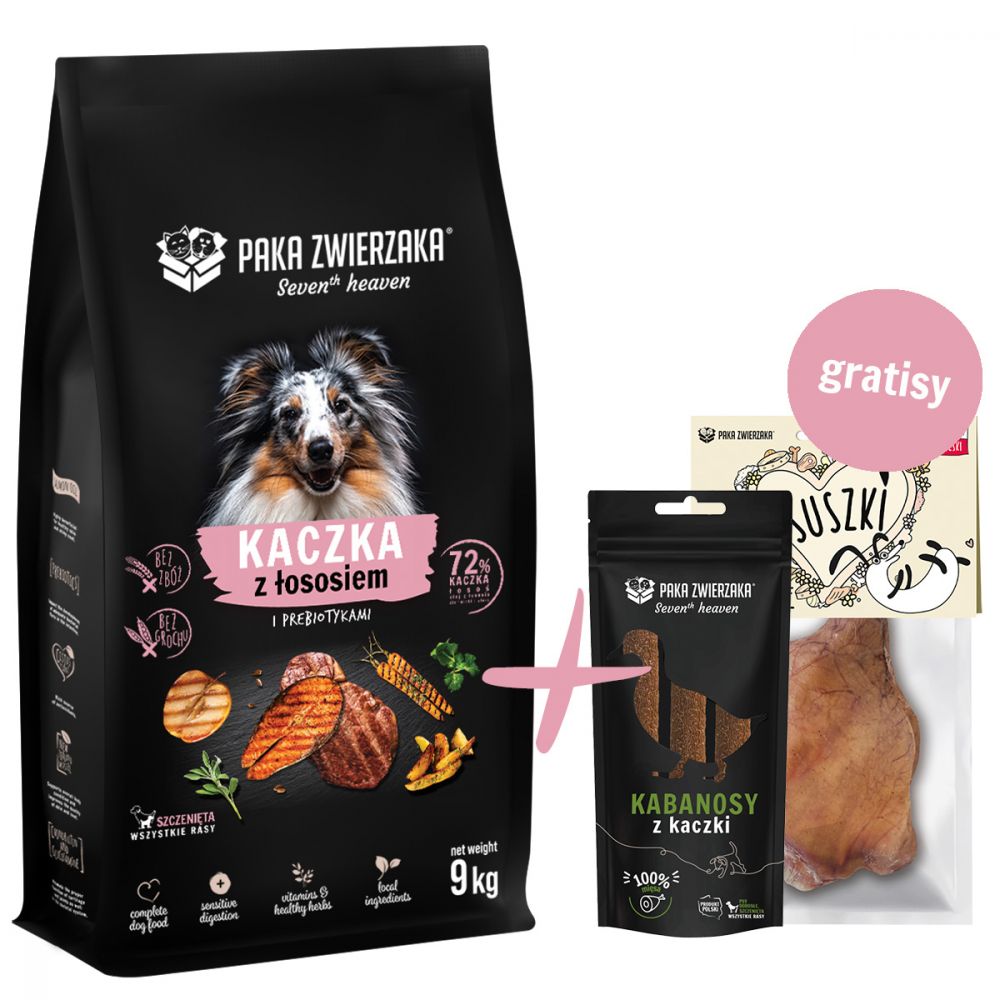 Pakiet Paka Zwierzaka Seventh Heaven Duck&Salmon Sucha Karma Dla Szczeniąt Kaczka Z Łososiem 9 kg + Kabanosy z Kaczki i Ucho Wieprzowe GRATIS!