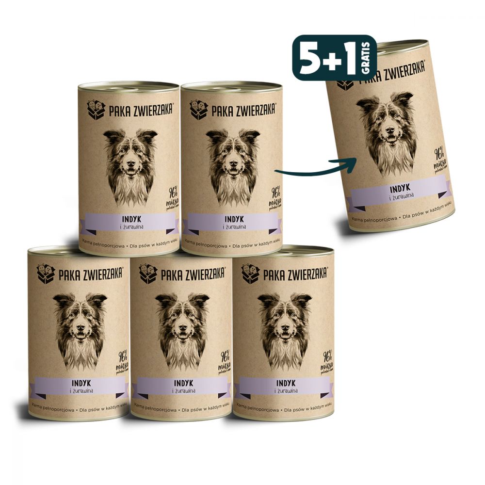 Pakiet Paka Zwierzaka Mokra Karma Dla Psa Indyk, Żurawina 5 x 400 g + 1 Puszka GRATIS!