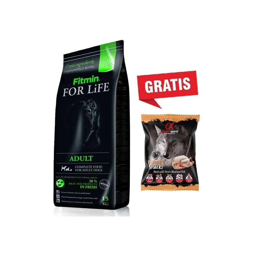 Pakiet Fitmin For Life Adult 15 kg + Alpha Spirit Przysmak Turkey Snacks Indyk 50 g GRATIS