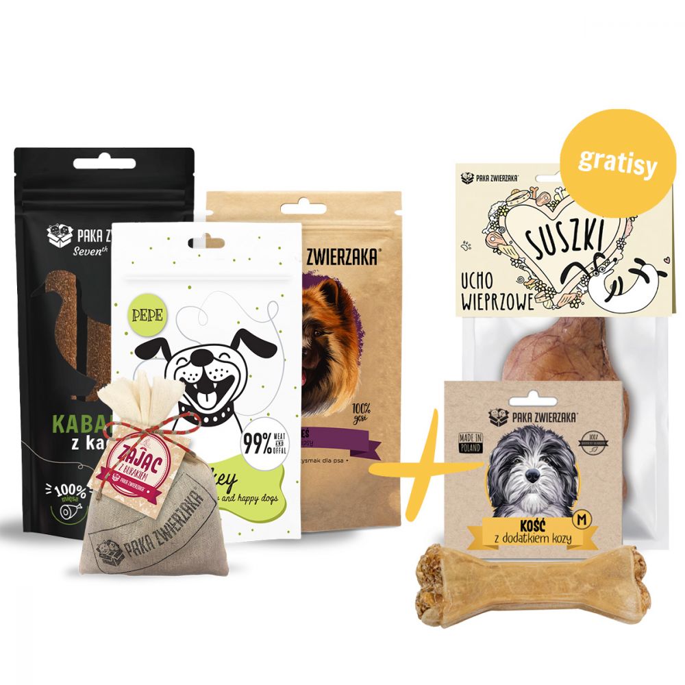 Pakiet Paka Zwierzaka Mix Przysmaków + Ucho Wieprzowe i Kość Rozmiar M z Kozą GRATIS!