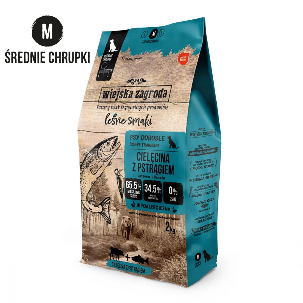 Wiejska Zagroda Sucha Karma Dla Psa Małych i Średnich Ras Cielęcina z Pstrągiem M 2 kg
