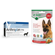 Pakiet Arthroxan Preparat Dla Psów Dorosłych i Szczeniąt Wspomagający Prawidłowy Rozwój Kośćca I Funkcjonowanie Układu Ruchu 60 Tabletek + Dr Seidel Smakołyki Zdrowe Stawy dla Psa 90 g GRATIS!
