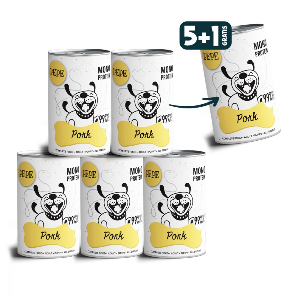 Pakiet Paka Zwierzaka Pepe Monoproteinowa Karma Dla Psa Wieprzowina 5 x 400 g + 1 Puszka GRATIS!