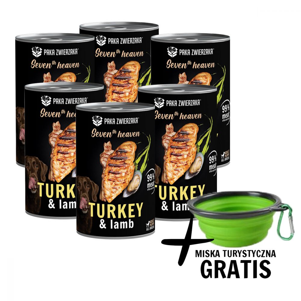 Pakiet Paka Zwierzaka Seventh Heaven Indyk z Jagnięciną Mokra Karma Dla Psa 6 x 400 g + Miska Turystyczna GRATIS!