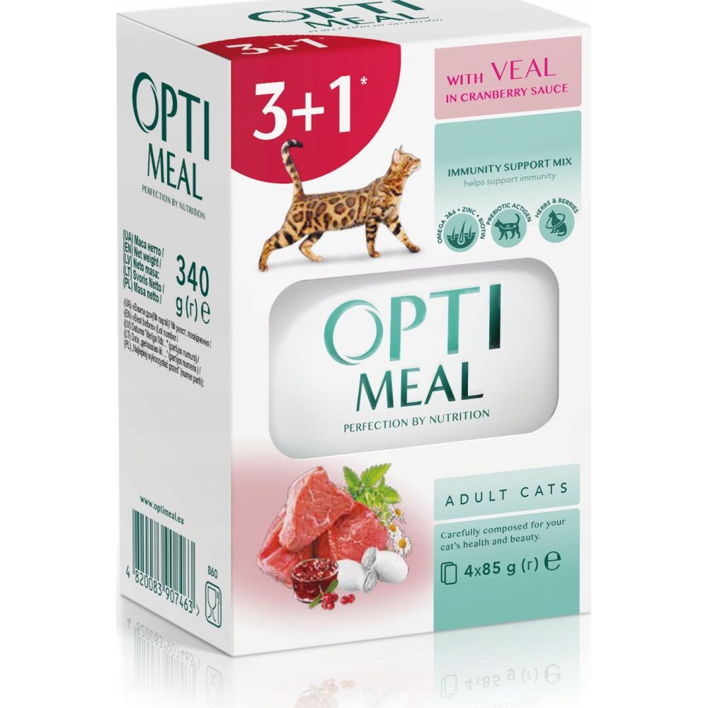 Optimeal Karma Dla Dorosłych Kotów Cielęcina w Sosie Żurawinowym 85 g 3+1