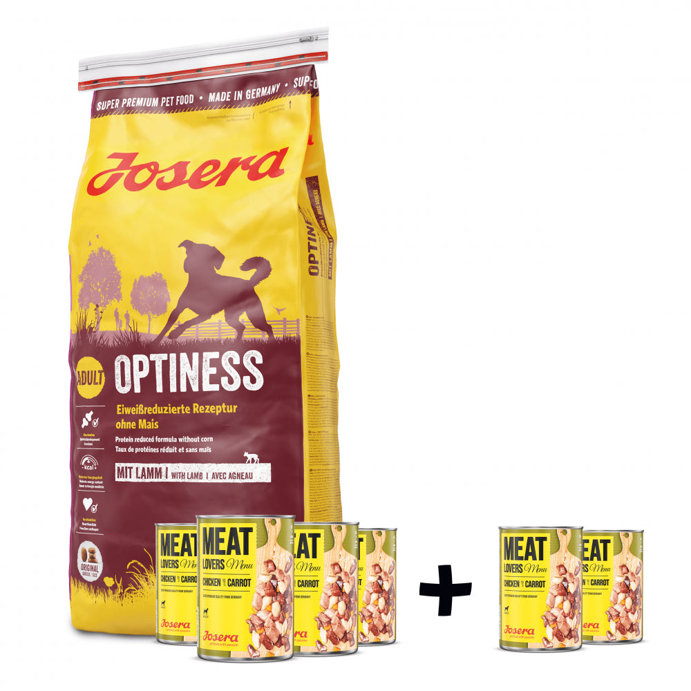 Pakiet Josera Optiness Średnie i Duże Rasy Jagnięcina 15 kg, 4 x Josera MeatLovers Kurczak z Marchewką + 2 x Josera MeatLovers Kurczak z Marchewką GRATIS!