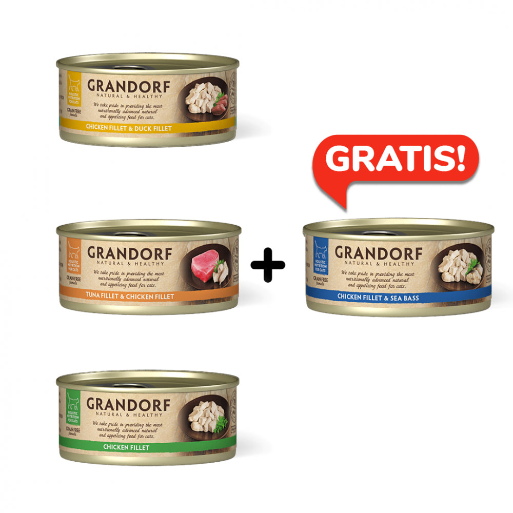 Pakiet Grandorf Mokra Karma Dla Kota Mix Smaków 3 x 70 g + 1 Puszka GRATIS!