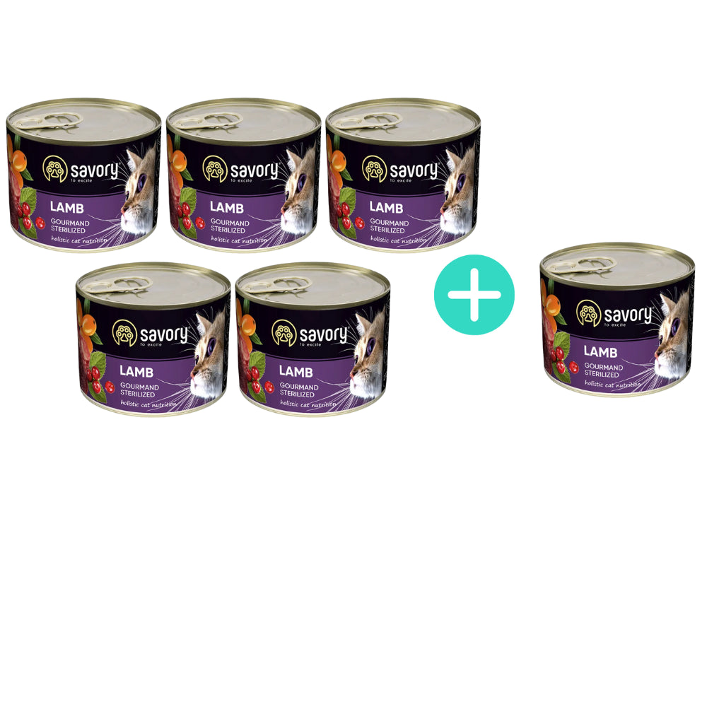 Pakiet Savory Cat Adult Sterilised Lamb Karma Mokra Dla Dorosłych Kotów Po Sterylizacji i Kastracji z Jagnięciną 5 x 200 g + 1 Puszka GRATIS!