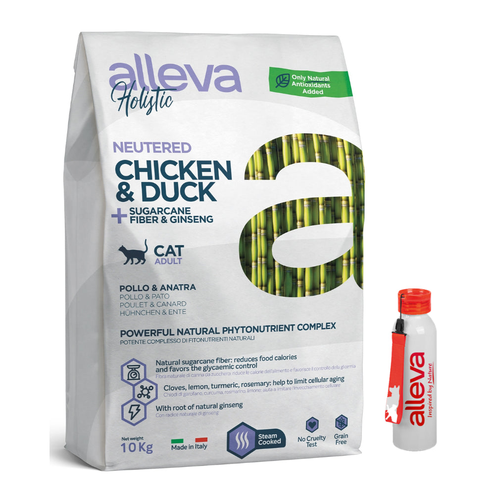 Pakiet Alleva Holistic Sucha Karma Dla Kotów Wykastrowanych Lub Żyjących Na Stałe W Domu Z Kurczakiem I Kaczką 10 kg + Bidon GRATIS!