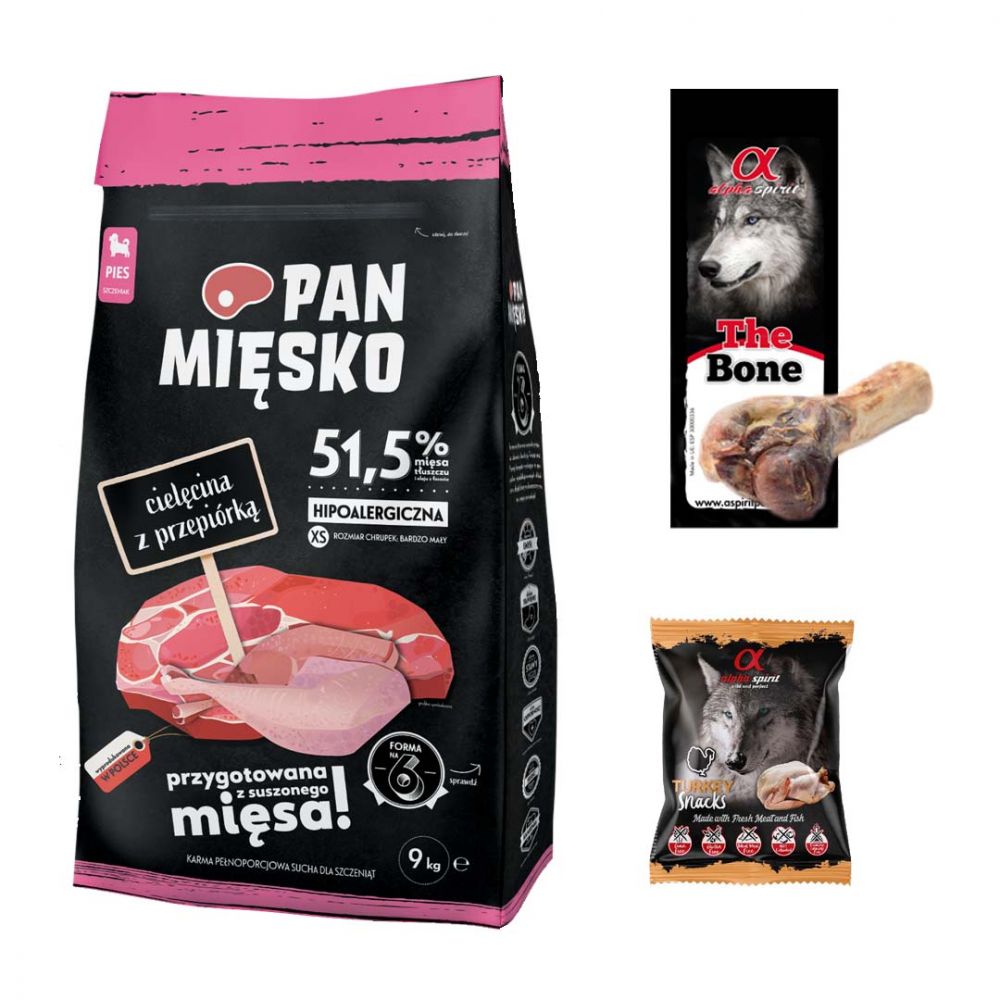 Pakiet Pan Mięsko Karma Sucha Dla Szczeniąt I Młodych Psów Cielęcina Z Przepiórką Rozmiar XS 9 kg + 2 GRATISY!