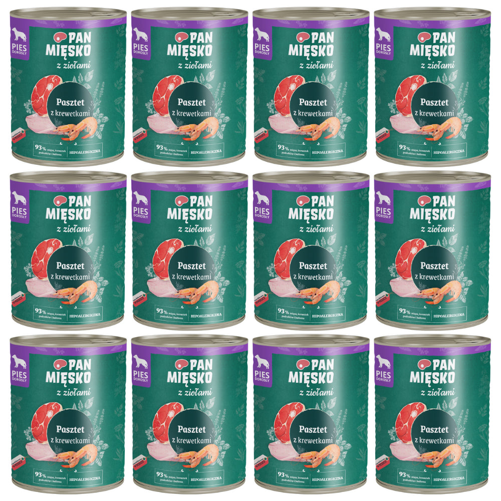 Pakiet Pan Mięsko Mokra Karma Dla Dorosłych Psów Pasztet z Ziołami i Krewetkami 12 x 800 g