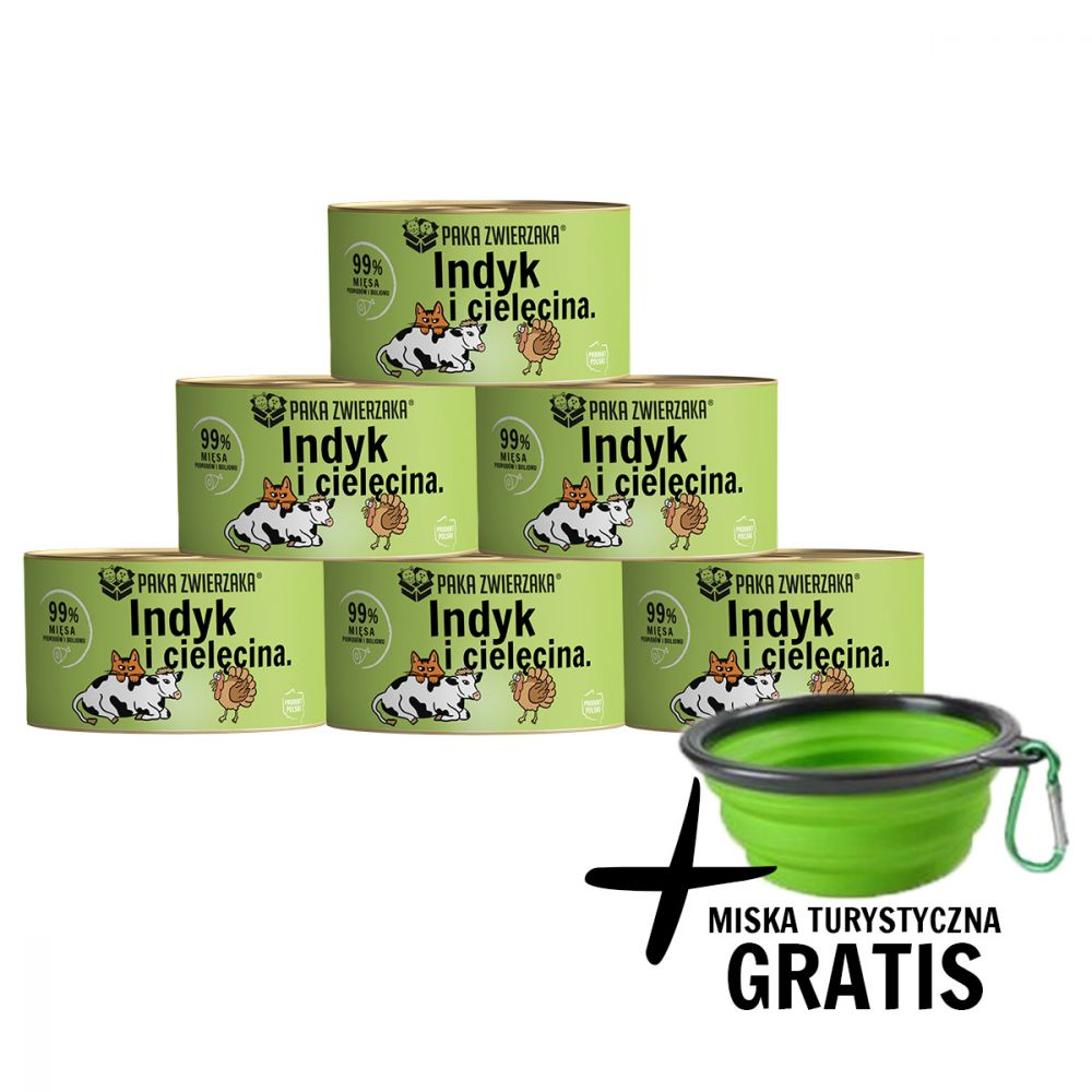 Pakiet Paka Zwierzaka Mokra Karma Dla Kota z Indykiem i Cielęciną 6 x 200 g + Miska Turystyczna GRATIS!