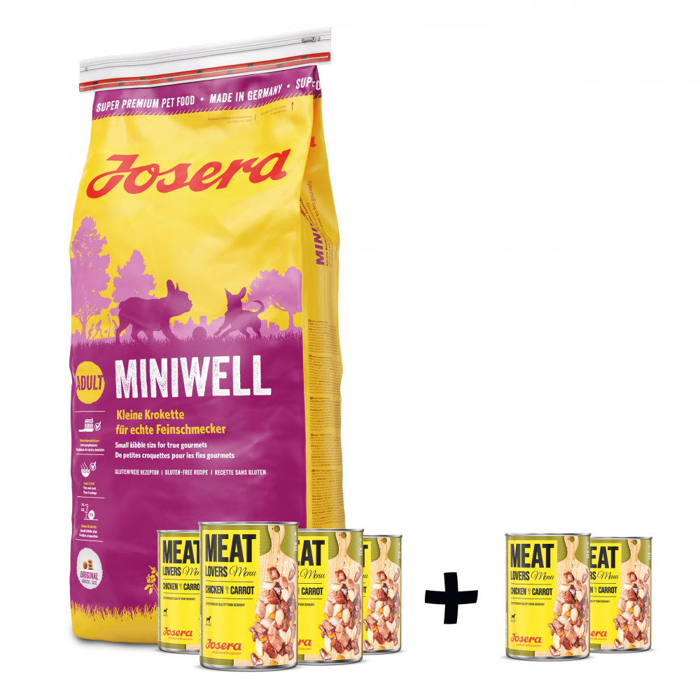Pakiet Josera Miniwell Małe Rasy 15 kg, 4 x Josera MeatLovers Kurczak z Marchewką + 2 x Josera MeatLovers Kurczak z Marchewką GRATIS!