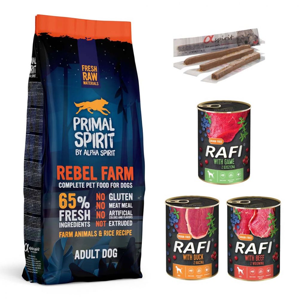 Pakiet Primal Spirit Rebel Farm 65% 12 kg + Karma Mokra i Przysmaki