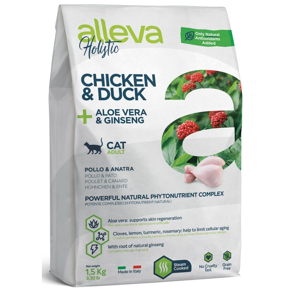 Alleva Holistic Sucha Karma Dla Dorosłych Kotów Z Kurczakiem I Kaczką Z Dodatkiem Aloesu I Korzenia Żeń-szenia 1,5 kg