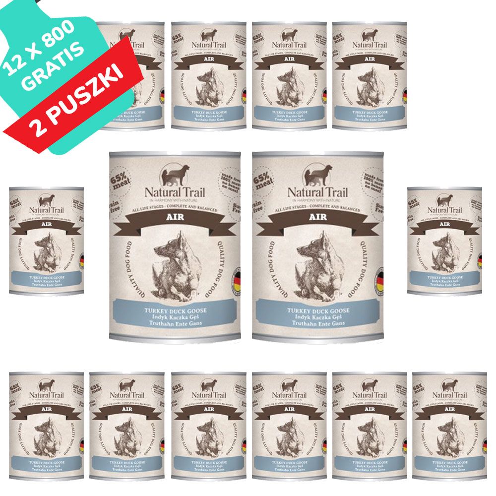 Natural Trail Air z Indykiem, Kaczką i Gęsią Bezzbożowa Karma Dla Psa 12 x 800 g + 2 gratis