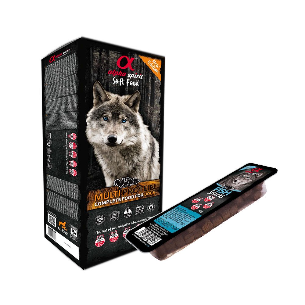 Pakiet Alpha Spirit Pełnoporcjowa Karma Sucha Miękka Multiprotein 9 kg + Alpha Spirit Przysmak w Kostce z Rybą dla Psa 35 g GRATIS !