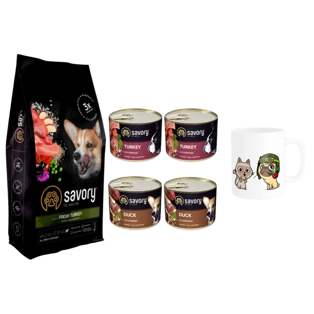 Pakiet Savory Dog Adult All Breeds Sterilised Turkey 12 kg + Mokra Karma 4 x 200 g i Kubek Gratis!