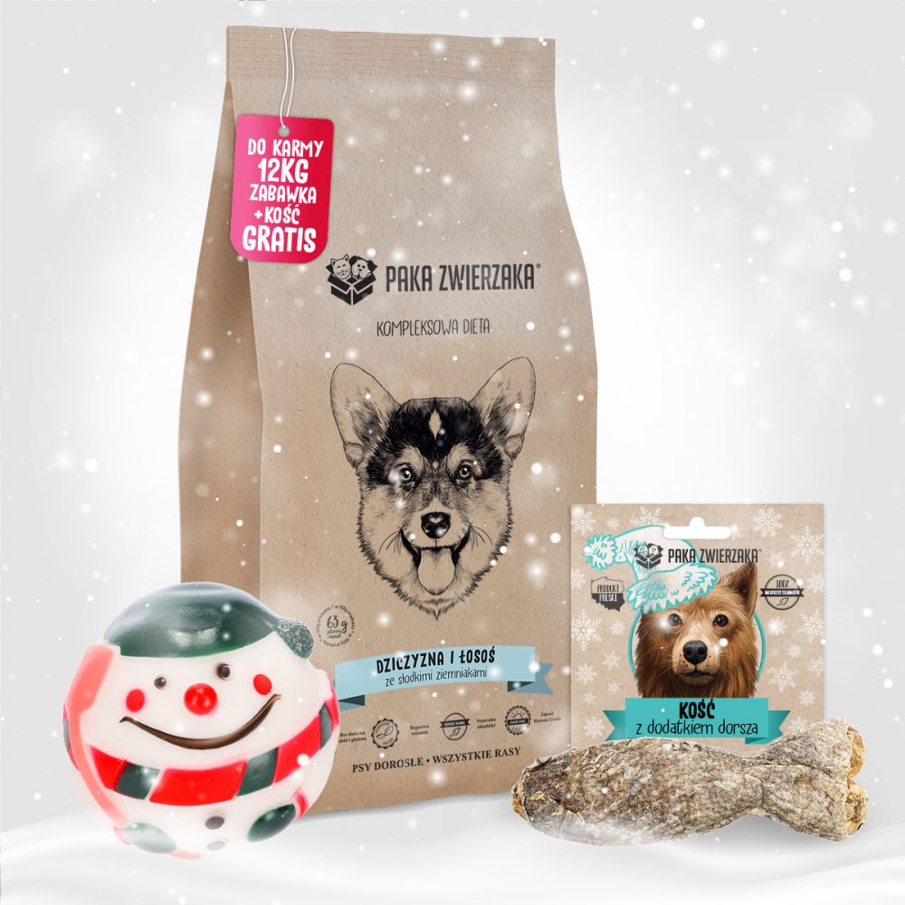 Pakiet Paka Zwierzaka Bezzbożowa Karma Dla Psa Dziczyzna Łosoś 12 kg + Piłka, Przysmak GRATIS!