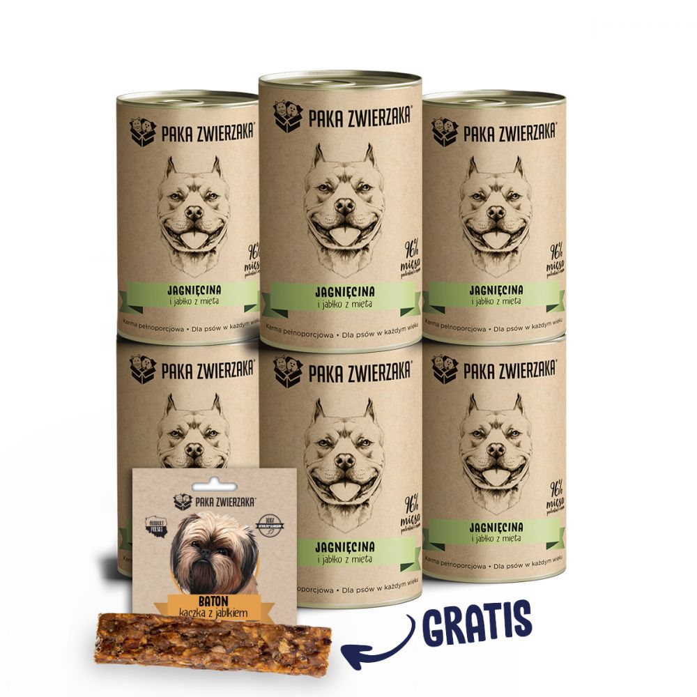 Pakiet Paka Zwierzaka Mokra Karma Dla Psa Jagnięcina Jabłko 6 x 400 g + Baton Kaczka z Jabłkiem 28 g GRATIS!