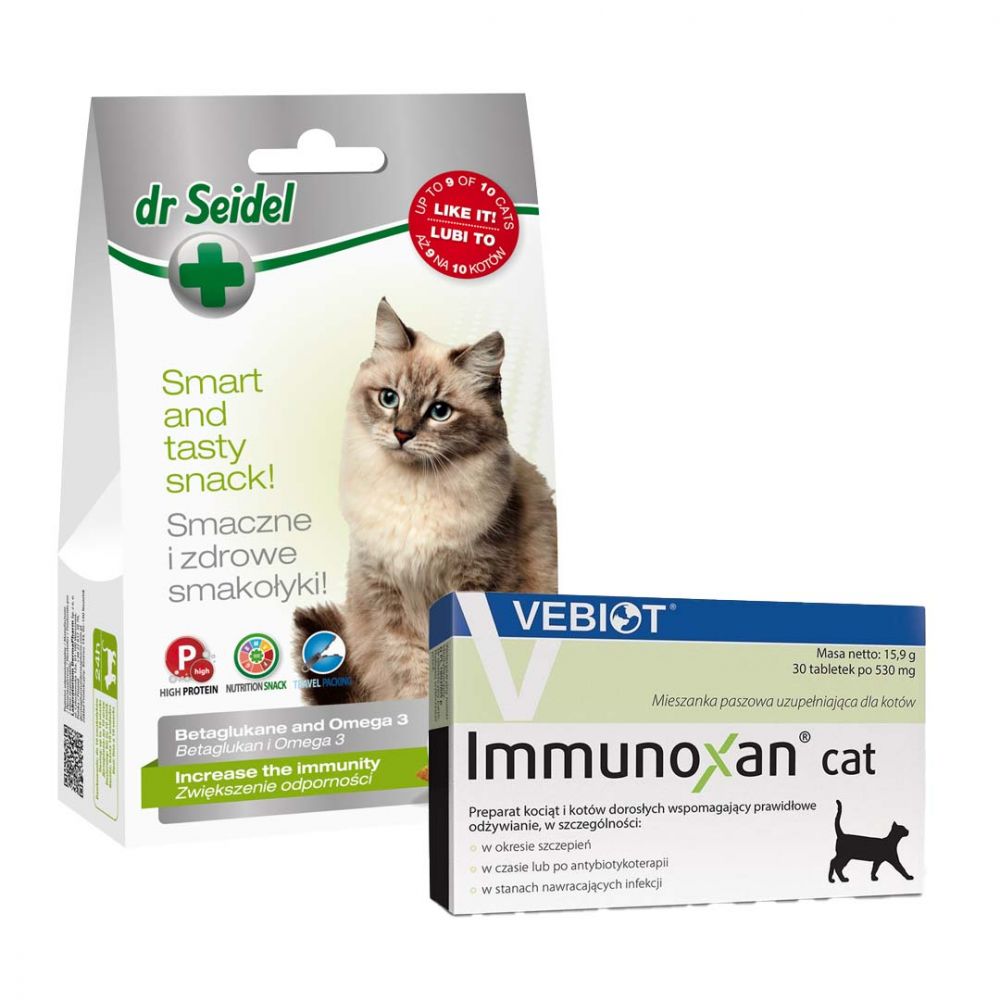 Pakiet Immunoxan Cat Preparat Dla Kociąt i Dorosłych Kotów Wspomagający Prawidłowe Odżywianie 30 Tabletek + Dr Seidel Smakołyki Zwiększenie Odporności dla Kota 50 g GRATIS!