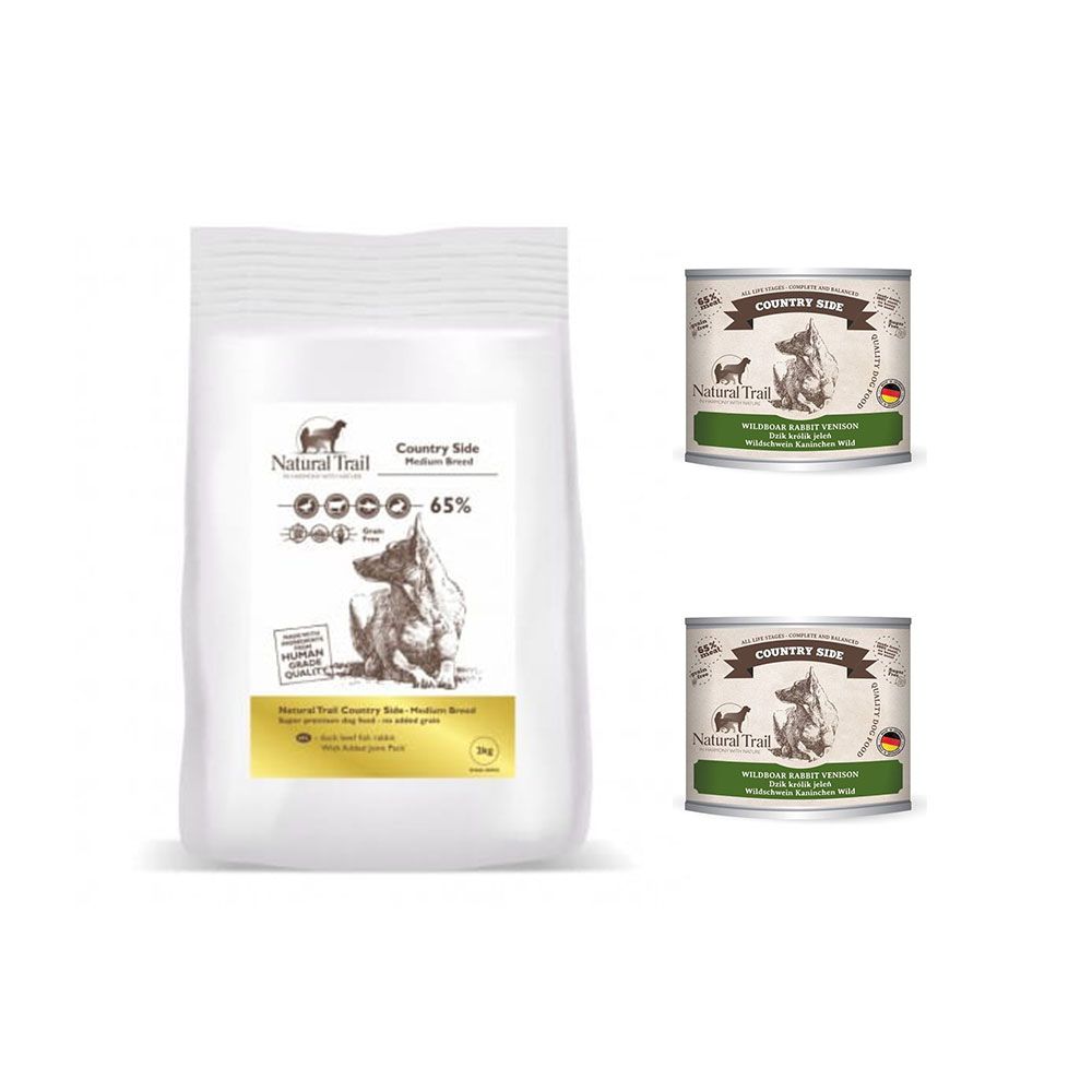 Pakiet Natural Trail Country Side Kaczka, Wołowina, Ryba i Królik 2 kg + 2 x Natural Trail Country Side z Królikiem i Dziczyzną Bezzbożowa Karma Dla Psa 200 g GRATIS