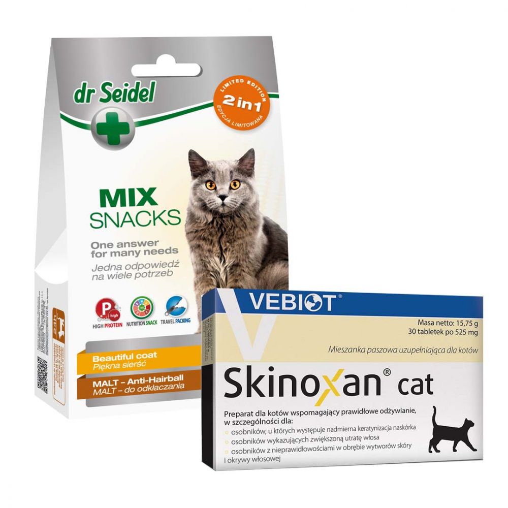 Pakiet Skinoxan Cat Preparat Dla Kota z Nieprawidłowościami w Obszarze Okrywy Włosowej 30 Tabletek + Dr Seidel Smakołyki Mix 2w1 Piękna Sierść & Malt Odkłaczanie dla Kota 60 g GRATIS!