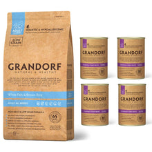 Pakiet Grandorf White Fish & Brown Rice Adult All Breeds Sucha Karma Dla Psów Wszystkich Ras 12 kg + 4 x Grandorf Wild Board & Turkey Mokra Karma Dla Psów Dzik, Indyk 400 g GRATIS!