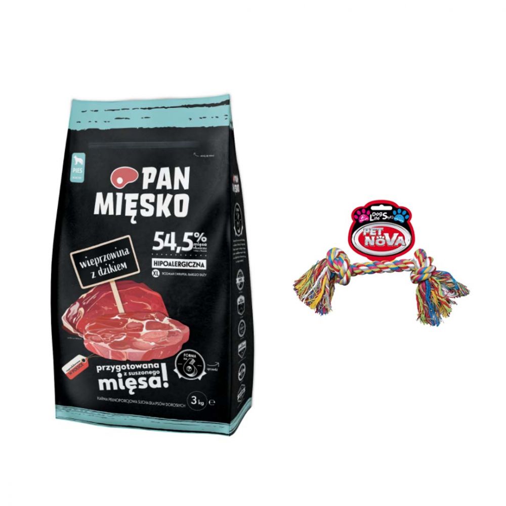 Pakiet Pan Mięsko Karma Sucha Dla Dorosłych Psów Wieprzowina Z Dzikiem Rozmiar XL 3 kg + Zabawka