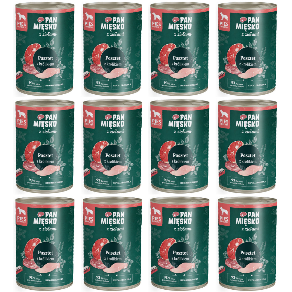 Pakiet Pan Mięsko Mokra Karma Dla Dorosłych Psów Pasztet z Ziołami i Królikiem 12 x 400 g