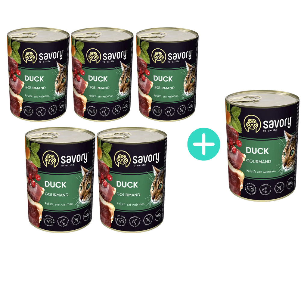 Pakiet Savory Cat Adult Duck Karma Mokra Dla Dorosłych Kotów z Kaczką 5 x 400 g + 1 Puszka GRATIS!